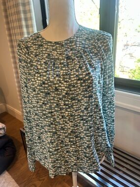 Anthropologie Teal Button-Front Printed Long-Sleeve Blouse